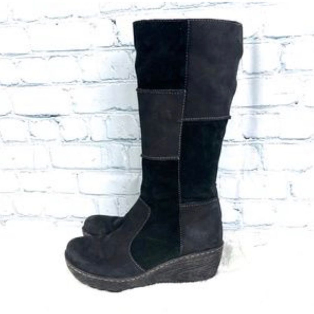 B.O.C. Black Suede Leather Patchwork Side Zip Wedge Heel Tall Boots